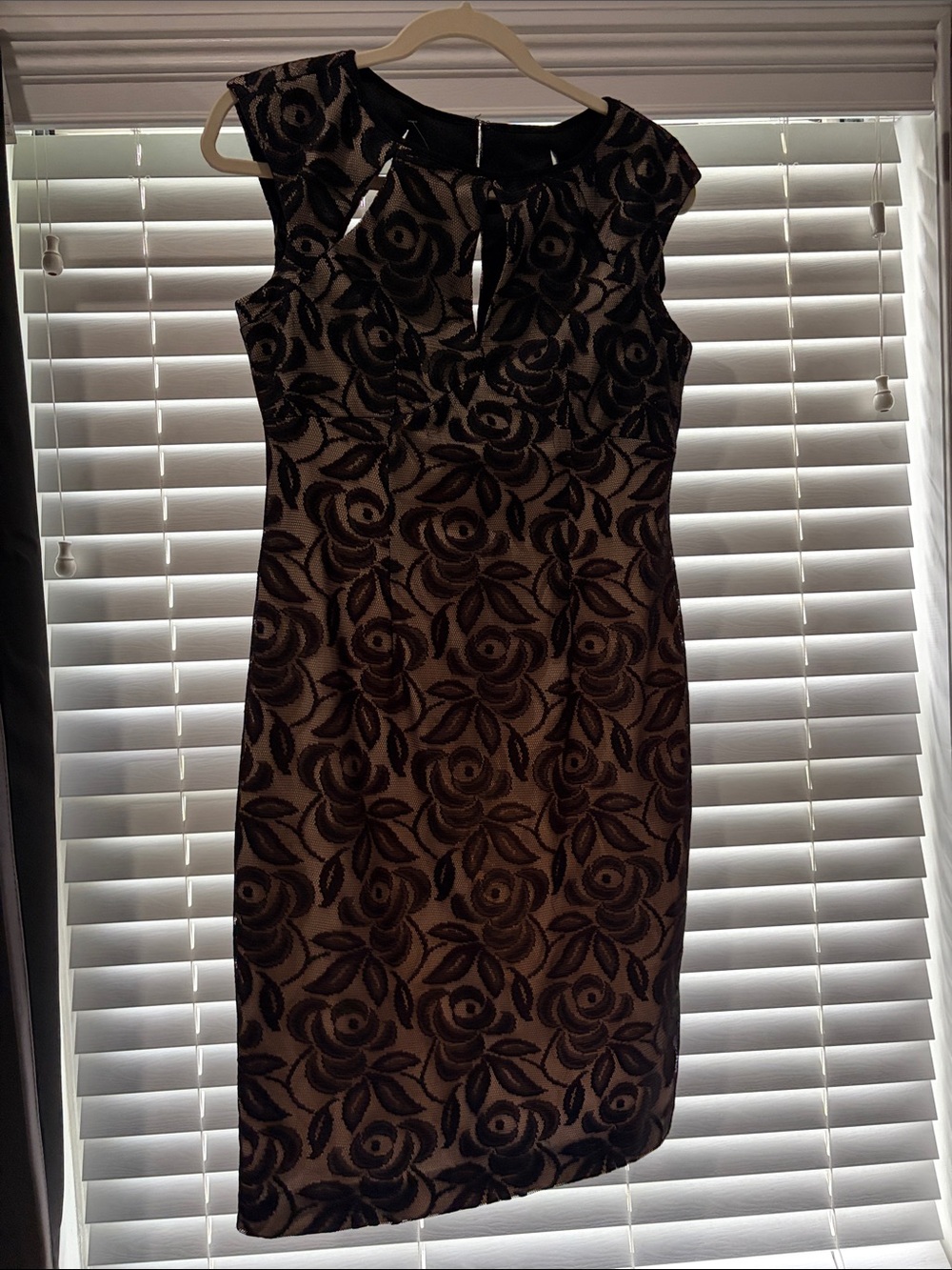 Maggy London Black Floral Lace Midi Dress with Nude Underlay